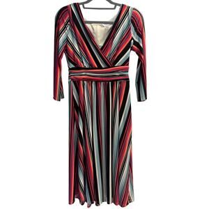 London Times Size 6 V Neck Faux Wrap Striped Colorful Dress